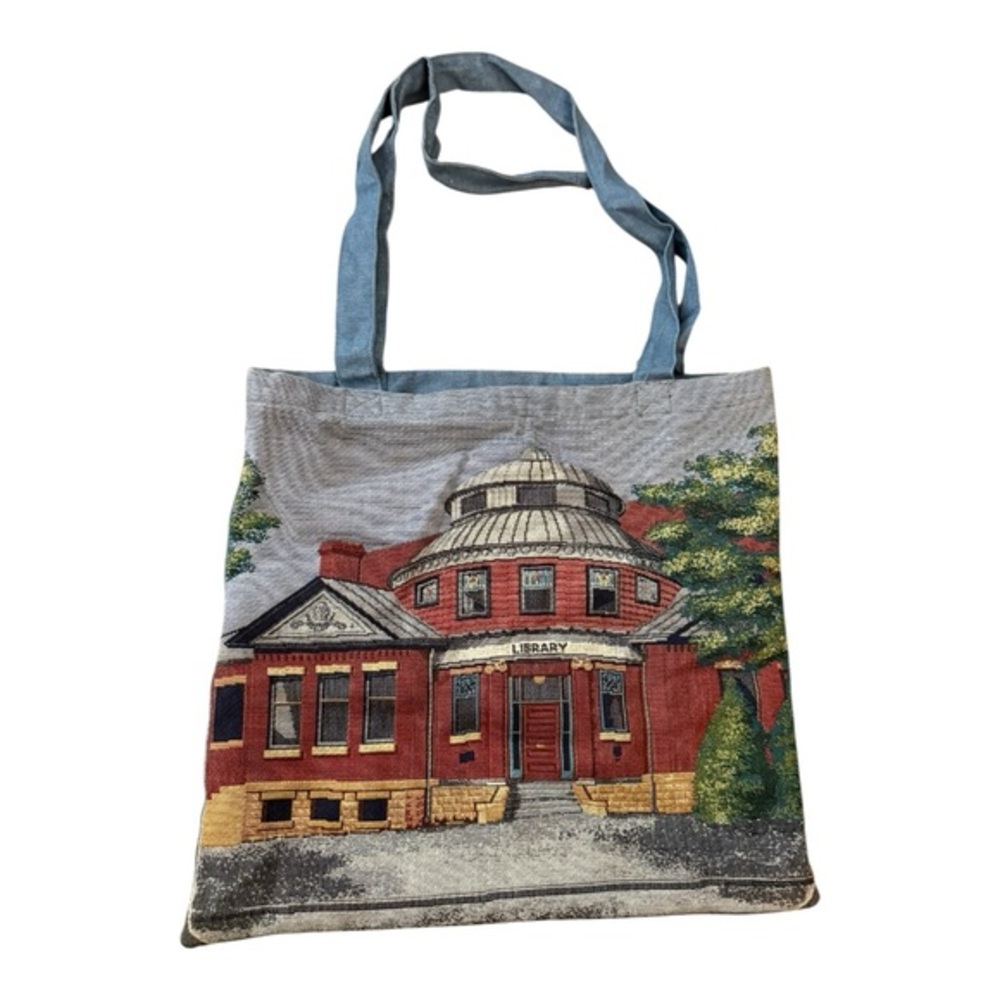 Y2K Library Building Tapestry Tote Blue Chambray Dark Academia Book Lover Bag